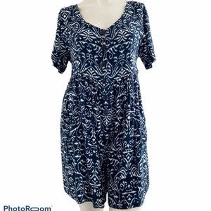 Honors Women's Blue Romper Short Sleeve With Pockets Medium V-Neck Waist Straps